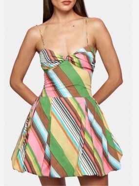 Twist-Front Striped Mini Dress in Green & Pink